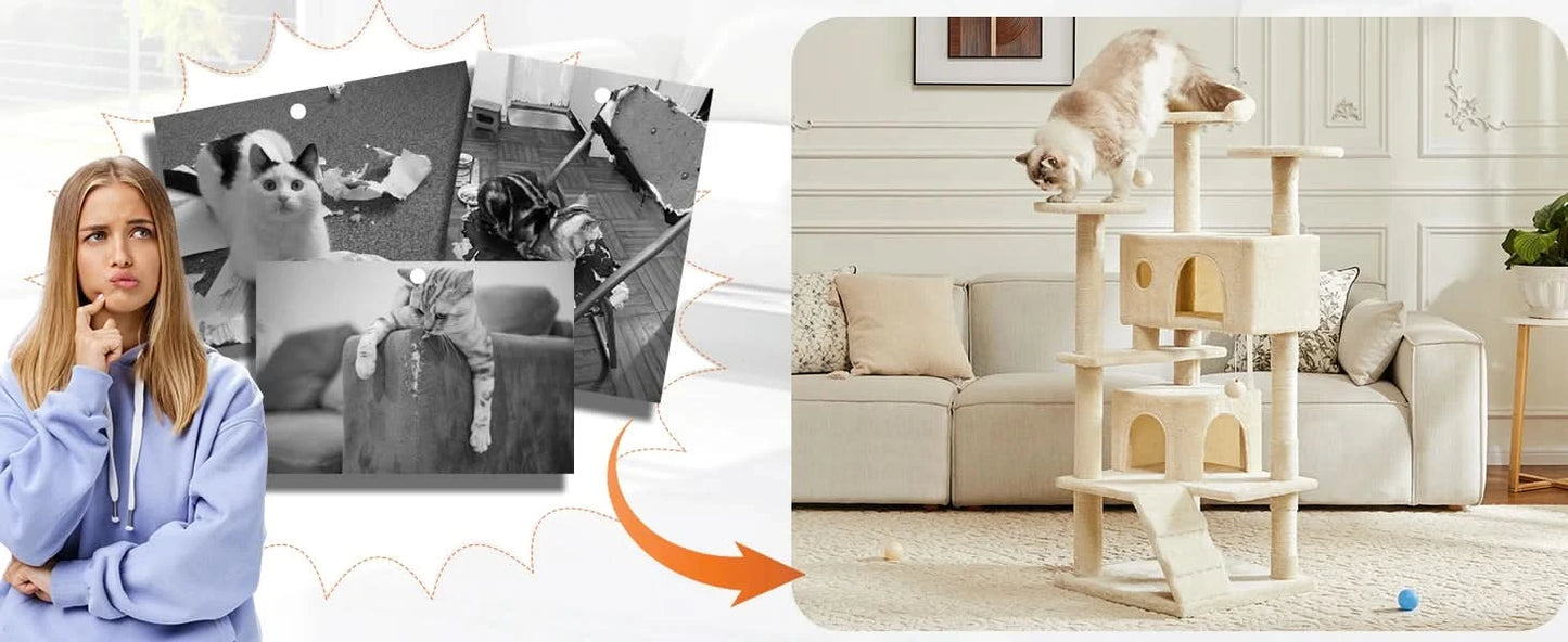 JHK 54in Tall Multi-Level Cat Tree Tower for Indoor Pet Furniture Stable Kitty Play House with Sisal Scratching Post for Home