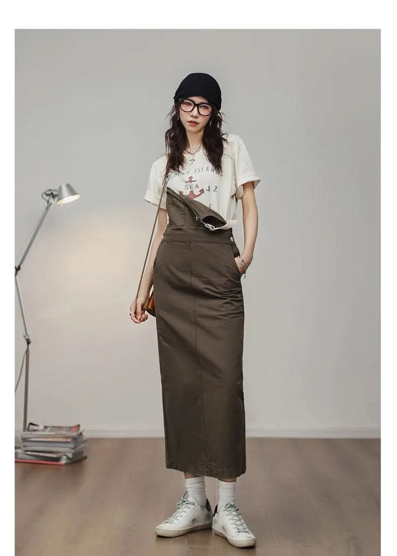 Maden 2024 New Women's Maillard Suspender Straight Skirt and Age-reducing Lazy Style Stackable Long Dress for Spring and Summer - M & M Global