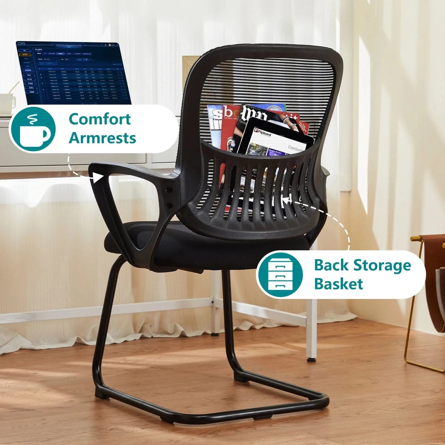 JHK Ergonomic Office Chair No Wheels with Comfy Armrest and Mesh Lumbar Support Back Basket Design for Guest Reception