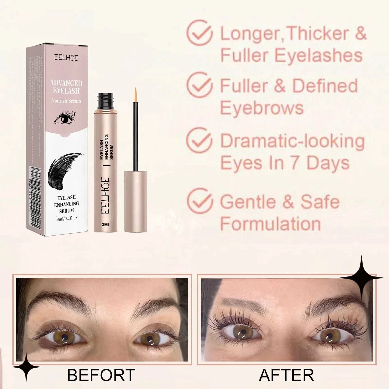 Eelhoe 3ml Eyelash Growth Serum Strengthen Eye Lash Curl Lengthening Makeup Enhancer Lash Eyebrow Fuller Thicken Eyelash Serum - M & M Global