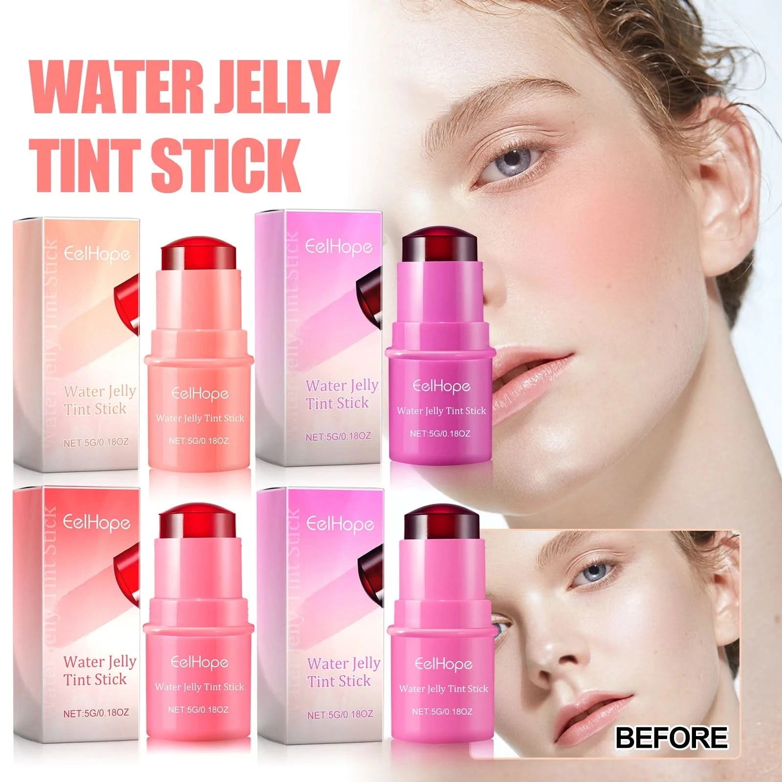 EELHOPE Water Jelly Tint Stick Lasting Waterproof Sweatproof Moisturize Facial Makeup Brightening Lip Gloss Face Blusher Stick - M & M Global