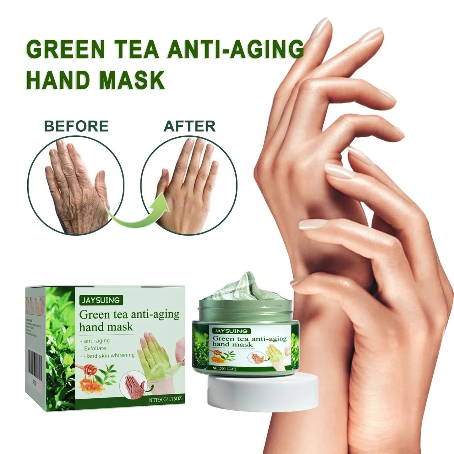 Jaysuing 50g Green Tea Exfoliating Hand Mask Moisturizing Whitening Anti Wrinkle Remove Dead Skin Calluses Nourishing Hand Mask - M & M Global