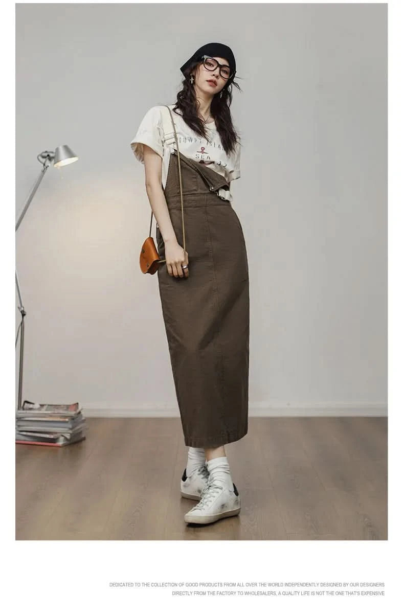 Maden 2024 New Women's Maillard Suspender Straight Skirt and Age-reducing Lazy Style Stackable Long Dress for Spring and Summer - M & M Global