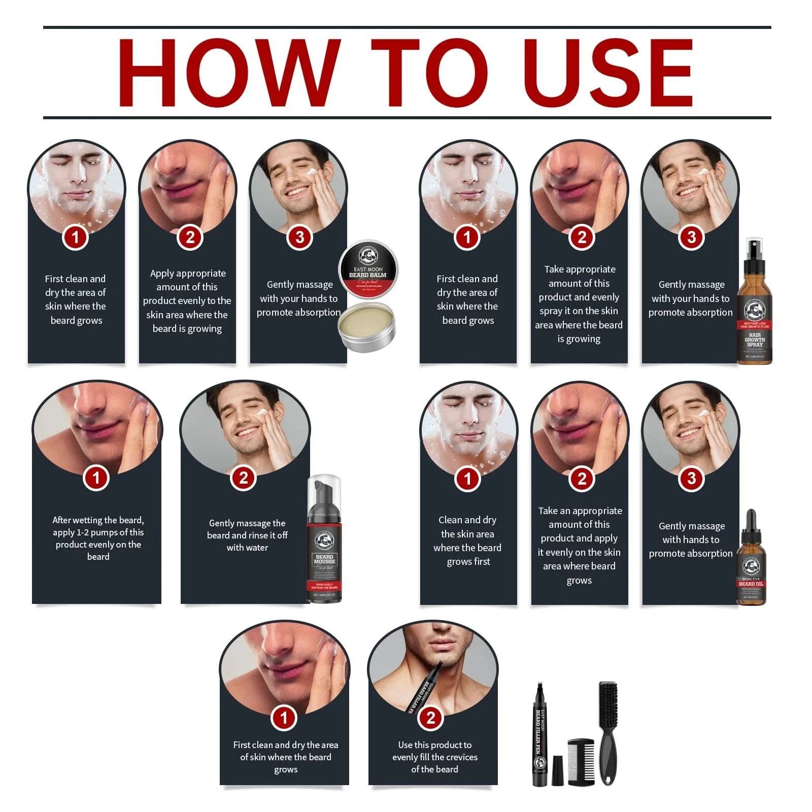 East Moon Men Beard Care Set for Cleaning Strengthen Nourishing Beard Promote Beard Growth Moisturizing Men Whisker Care Set - M & M Global