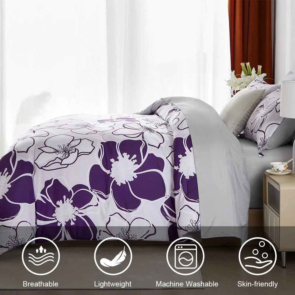 Floral bedding set with purple flowers on a bed in a bedroom setting.
Queen floral comforter set

Large floral print bedding

7-piece microfiber bedding set

All-season comforter

Brushed microfiber comforter

Luxury bed set for queen bed

Fade-resistant bedding

Machine washable comforter

Elegant bedroom décor set

Gift bedding set for holidays