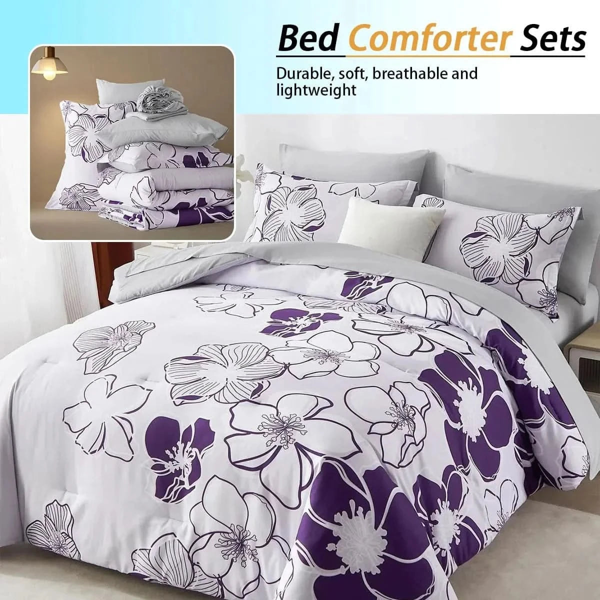Floral patterned bed comforter set with pillows on a bed, featuring purple and white flowers.
Queen floral comforter set

Large floral print bedding

7-piece microfiber bedding set

All-season comforter

Brushed microfiber comforter

Luxury bed set for queen bed

Fade-resistant bedding

Machine washable comforter

Elegant bedroom décor set

Gift bedding set for holidays