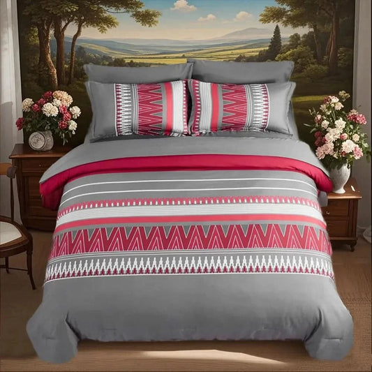 Bed with gray and pink striped bedding in a room with a scenic wall mural.
Queen printed comforter set

7-piece microfiber bedding set

All-season bed comforter

Soft brushed microfiber bedding

Luxury quilt set for queen bed

Fade-resistant bedding set

Machine washable comforter set

Elegant bedroom decor

Gift bedding set for women

Hypoallergenic bedding