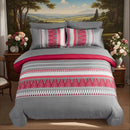 Bed with gray and pink striped bedding in a room with a scenic wall mural.
Queen printed comforter set

7-piece microfiber bedding set

All-season bed comforter

Soft brushed microfiber bedding

Luxury quilt set for queen bed

Fade-resistant bedding set

Machine washable comforter set

Elegant bedroom decor

Gift bedding set for women

Hypoallergenic bedding