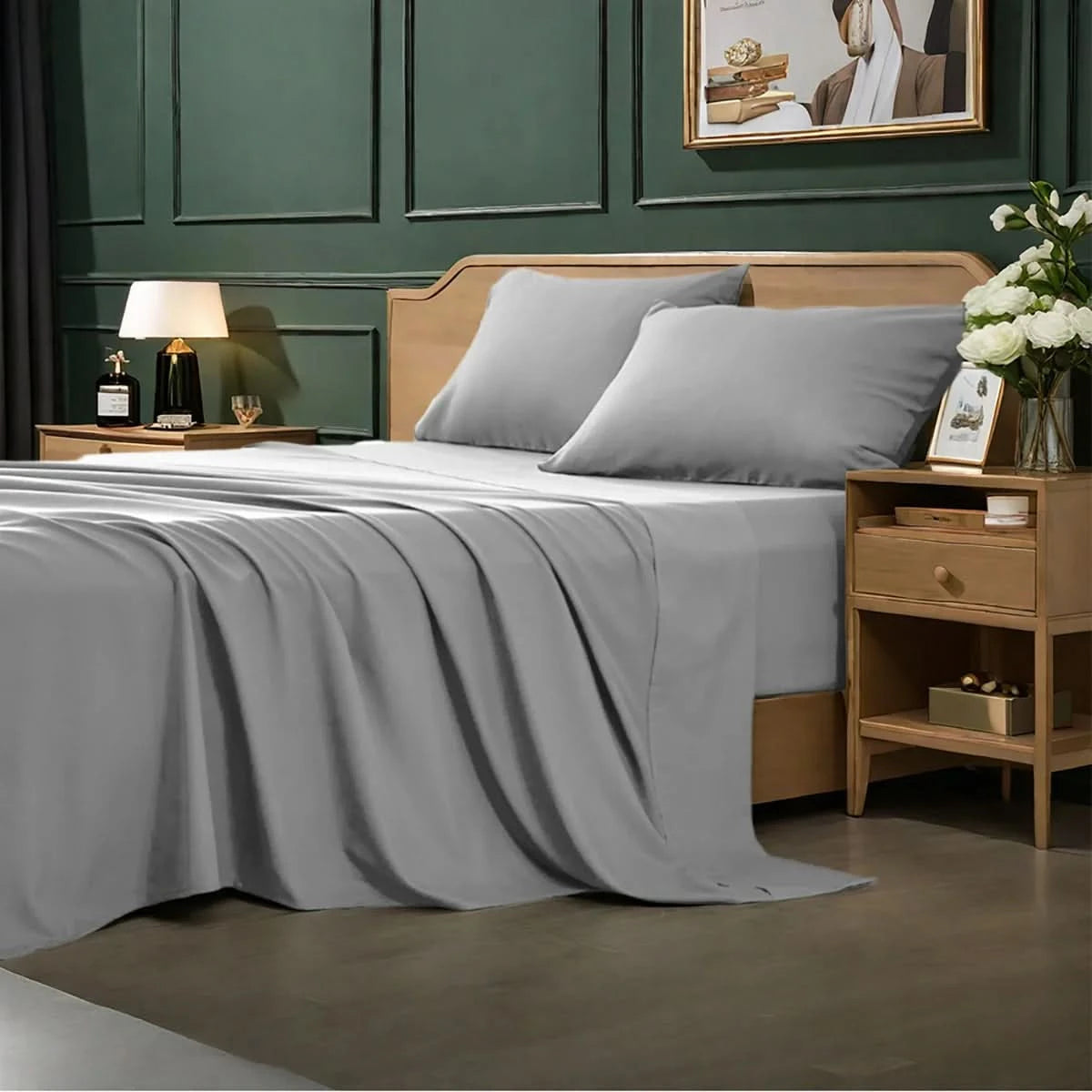 Bedroom with gray bedding and wooden nightstands.
4-piece microfiber bed set

Solid color comforter set

All-season bedding set

Lightweight comforter

Ultra-soft bed sheets

Minimalist bedding set

High thread count sheets

Fade-resistant microfiber bedding

Modern home bedding set
