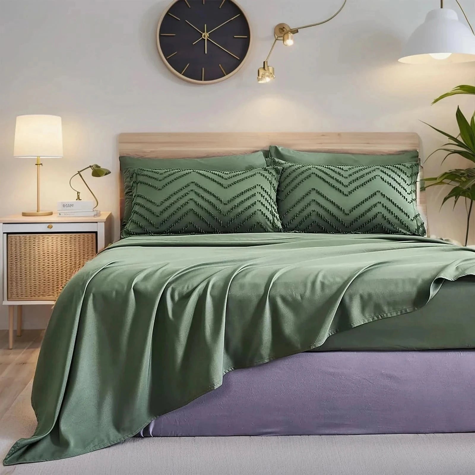 Bedroom with green bedding and decorative pillows, nightstand with lamp, and wall clock.
Queen Bedding Set, 7 Piece Quilt Set, Floral Bedding, Cut Flower Comforter, Soft Microfiber Quilt, All Season Bedding, Luxury Quilt Set, Hypoallergenic Bedding, Machine Washable Bedding, Elegant Bedroom Decor, Brushed Microfiber Bedding, Gift Bedding Set, Queen Comforter Set, Spring Bedding, Cozy Quilt Set