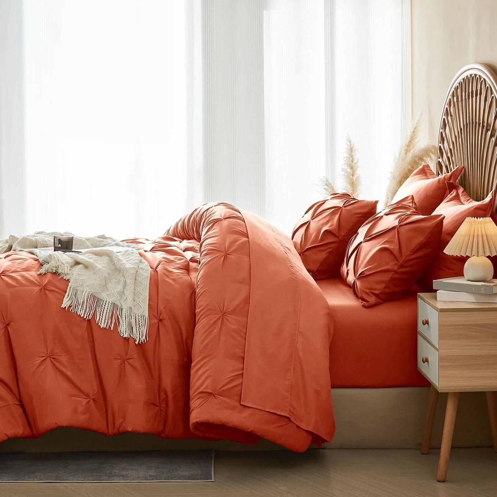Bedroom with orange bedding and a wooden nightstand.
Queen Bedding Set, 7 Piece Bedding Set, Pinch Pleat Comforter, Geometric Bedding, Microfiber Bedding, All Season Comforter, Soft Bedding, Machine Washable, Hypoallergenic Comforter, Luxury Bedding Set, Polyester Bedding, Hotel Quality Bedding, Elegant Bedroom Decor, Gift Bedding Set, Modern Bedding