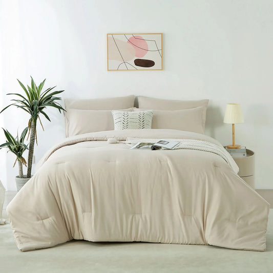 Beige comforter set on a bed in a bedroom with plants and a lamp.
Microfiber comforter set

Solid color bedding set

Soft bedding for all seasons

Twin/Queen/King comforter

Lightweight bed set

Wrinkle-resistant bedding

Machine washable comforter

Minimalist bedding

Dorm room bedding

Gift bedding set