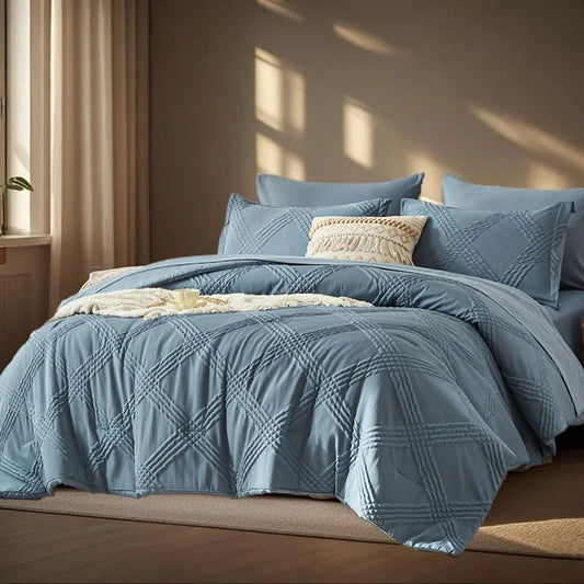 Blue textured comforter set on a bed with pillows in a bedroom setting.
Quilted queen bedding set

7-piece comforter set

Brushed microfiber bedding

Ultra-soft quilt set

Lightweight comforter set

Machine washable bedding

All-season bedding set

Luxury bed set queen size

Bedding gift set

Modern bedroom decor