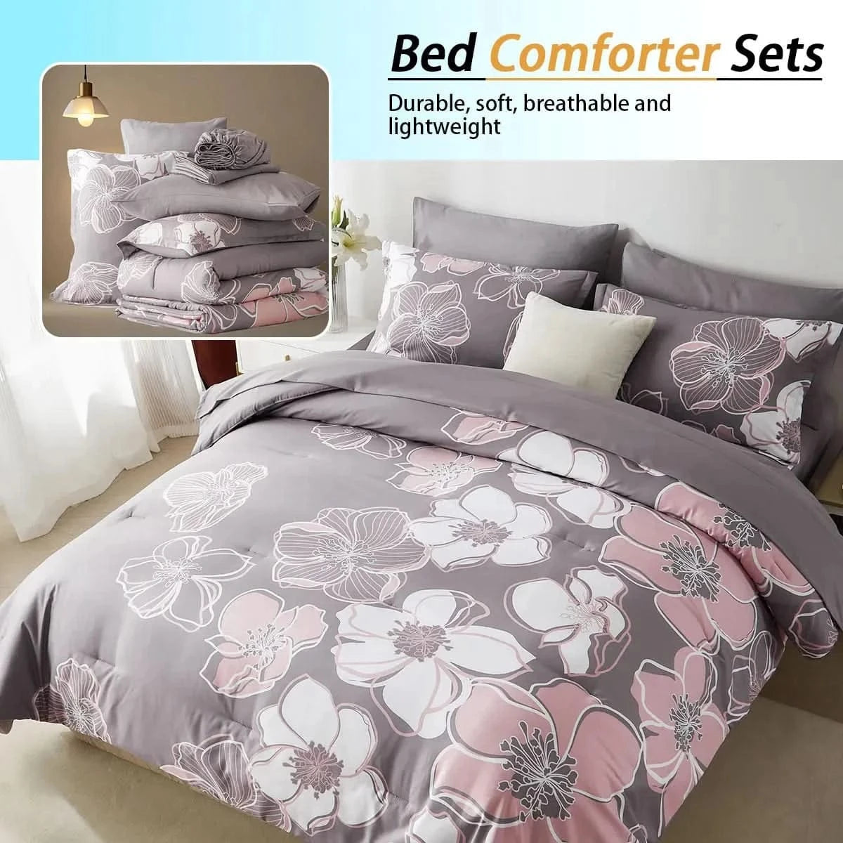 Floral patterned bed comforter set with pillows on a bed, featuring text about comforter sets.
Queen floral comforter set

Large floral print bedding

7-piece microfiber bedding set

All-season comforter

Brushed microfiber comforter

Luxury bed set for queen bed

Fade-resistant bedding

Machine washable comforter

Elegant bedroom décor set

Gift bedding set for holidays