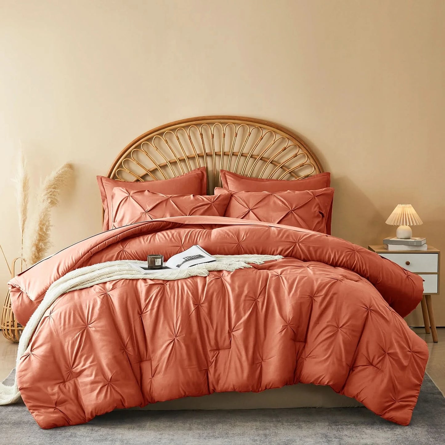 Coral comforter set on a bed with a wicker headboard in a bedroom setting.
Queen Bedding Set, 7 Piece Bedding Set, Pinch Pleat Comforter, Geometric Bedding, Microfiber Bedding, All Season Comforter, Soft Bedding, Machine Washable, Hypoallergenic Comforter, Luxury Bedding Set, Polyester Bedding, Hotel Quality Bedding, Elegant Bedroom Decor, Gift Bedding Set, Modern Bedding