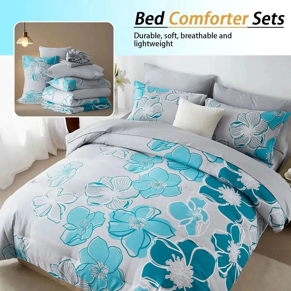 Floral bed comforter set with pillows on a bed, featuring blue and gray colors.
Queen floral comforter set

Large floral print bedding

7-piece microfiber bedding set

All-season comforter

Brushed microfiber comforter

Luxury bed set for queen bed

Fade-resistant bedding

Machine washable comforter

Elegant bedroom décor set

Gift bedding set for holidays