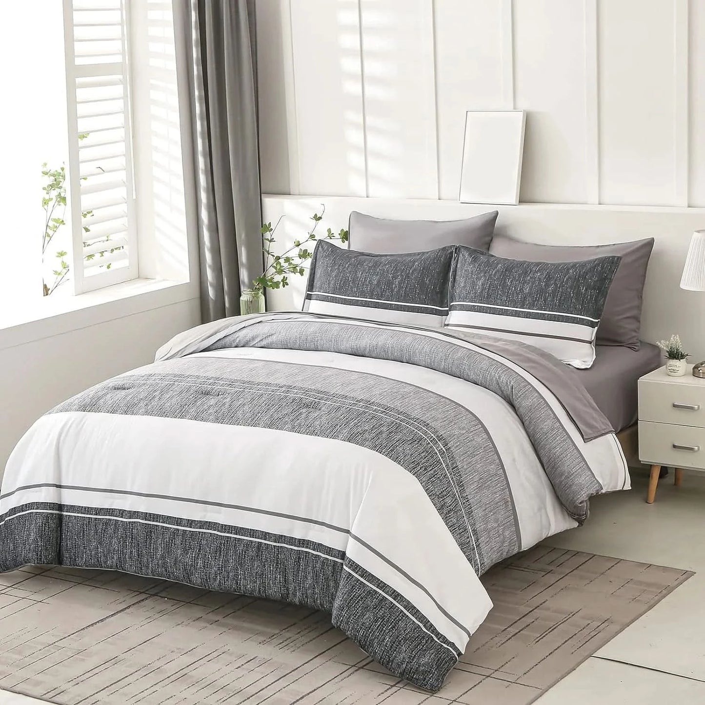 Gray and white striped comforter set on a bed in a bedroom with light wood flooring.
Comfora Cozy Bedding Set
sage green bedding
white bedding set
comforter set queen
floral duvet cover
Comfora Cozy Bedding Set
plush comforter set cozy pack
ultra-soft all-season comforter and shams
luxury cozy bedding set online
warm textured comforter set King/Queen
Green Plant Bedding
Botanical Quilt Set
Nature Print Bedding
5 Piece Bedding Set
7 Piece Bedding Set
Soft Microfiber Quilt
Breathable Bedding Set
