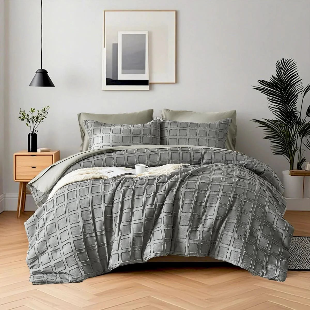 Gray checkered comforter set on a bed in a bedroom with plants and a lamp.
Queen size bedding set

Floral textured comforter

Ultra-soft microfiber comforter

Cut flower design bedding

All-season quilt set

Lightweight comforter set

Solid color bed set

Machine washable bedding

Fade-resistant bedding

Cozy bedroom gift set