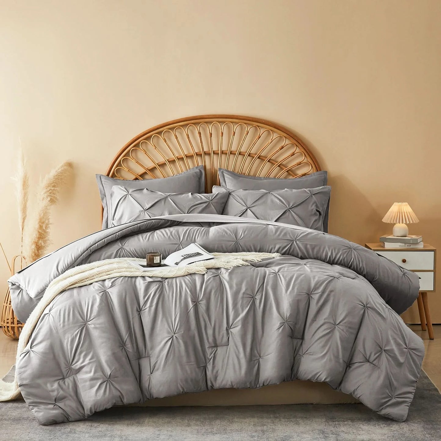 Gray comforter set on a bed with a wooden headboard and nightstand in a bedroom setting.
Queen Bedding Set, 7 Piece Bedding Set, Pinch Pleat Comforter, Geometric Bedding, Microfiber Bedding, All Season Comforter, Soft Bedding, Machine Washable, Hypoallergenic Comforter, Luxury Bedding Set, Polyester Bedding, Hotel Quality Bedding, Elegant Bedroom Decor, Gift Bedding Set, Modern Bedding