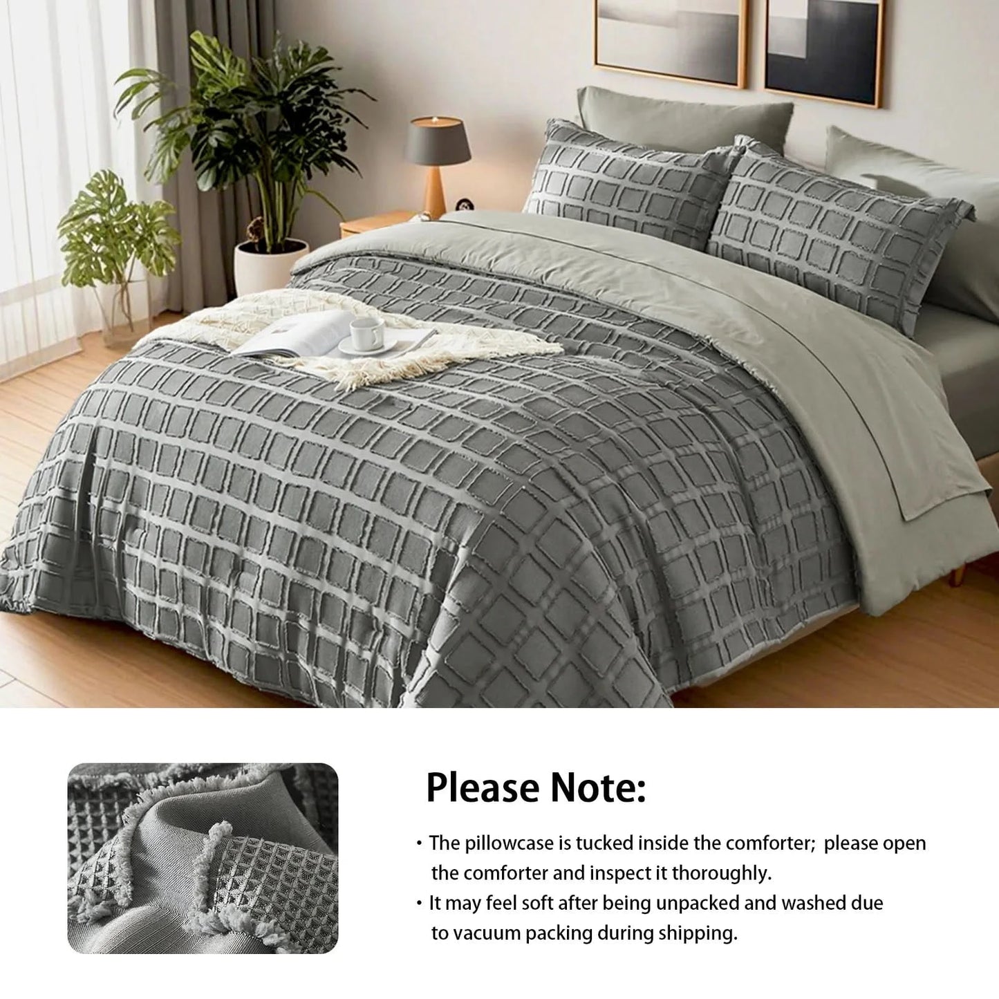 Gray textured comforter set on a bed in a bedroom with plants and a lamp.
Queen size bedding set

Floral textured comforter

Ultra-soft microfiber comforter

Cut flower design bedding

All-season quilt set

Lightweight comforter set

Solid color bed set

Machine washable bedding

Fade-resistant bedding

Cozy bedroom gift set
