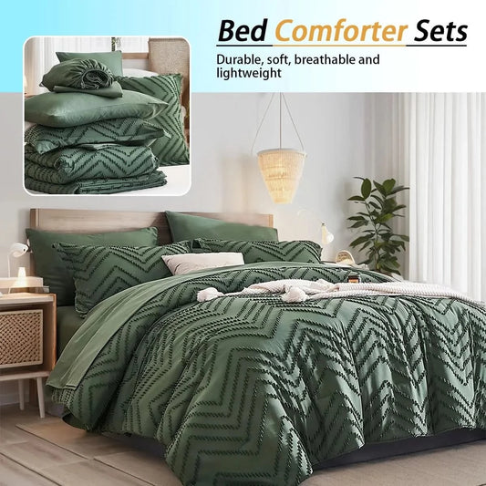 Green bed comforter set on a bed with a room setting, featuring text about comforter sets.
Queen Bedding Set, 7 Piece Quilt Set, Floral Bedding, Cut Flower Comforter, Soft Microfiber Quilt, All Season Bedding, Luxury Quilt Set, Hypoallergenic Bedding, Machine Washable Bedding, Elegant Bedroom Decor, Brushed Microfiber Bedding, Gift Bedding Set, Queen Comforter Set, Spring Bedding, Cozy Quilt Set