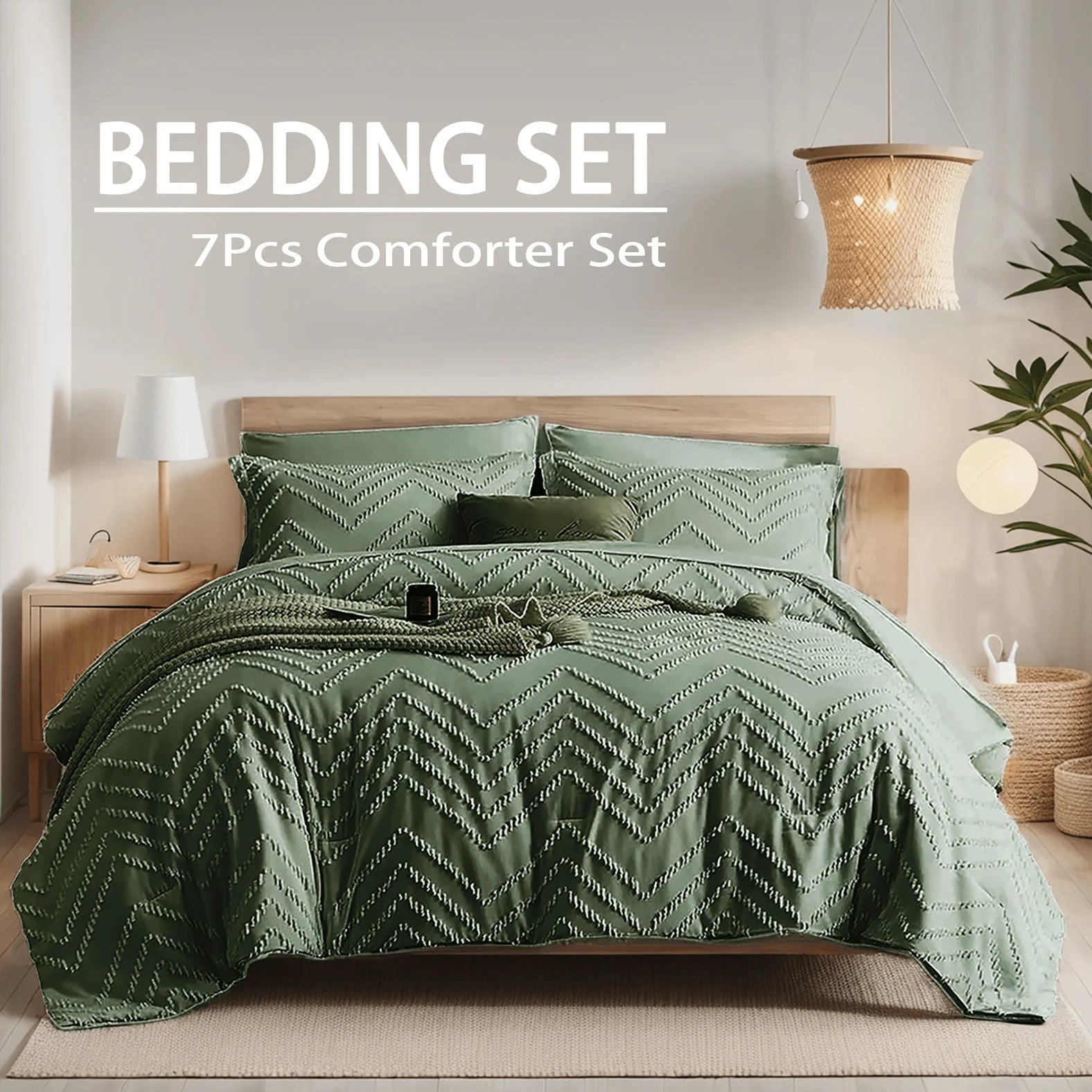 Green bedding set with chevron pattern on a bed in a bedroom setting.
Queen Bedding Set, 7 Piece Quilt Set, Floral Bedding, Cut Flower Comforter, Soft Microfiber Quilt, All Season Bedding, Luxury Quilt Set, Hypoallergenic Bedding, Machine Washable Bedding, Elegant Bedroom Decor, Brushed Microfiber Bedding, Gift Bedding Set, Queen Comforter Set, Spring Bedding, Cozy Quilt Set