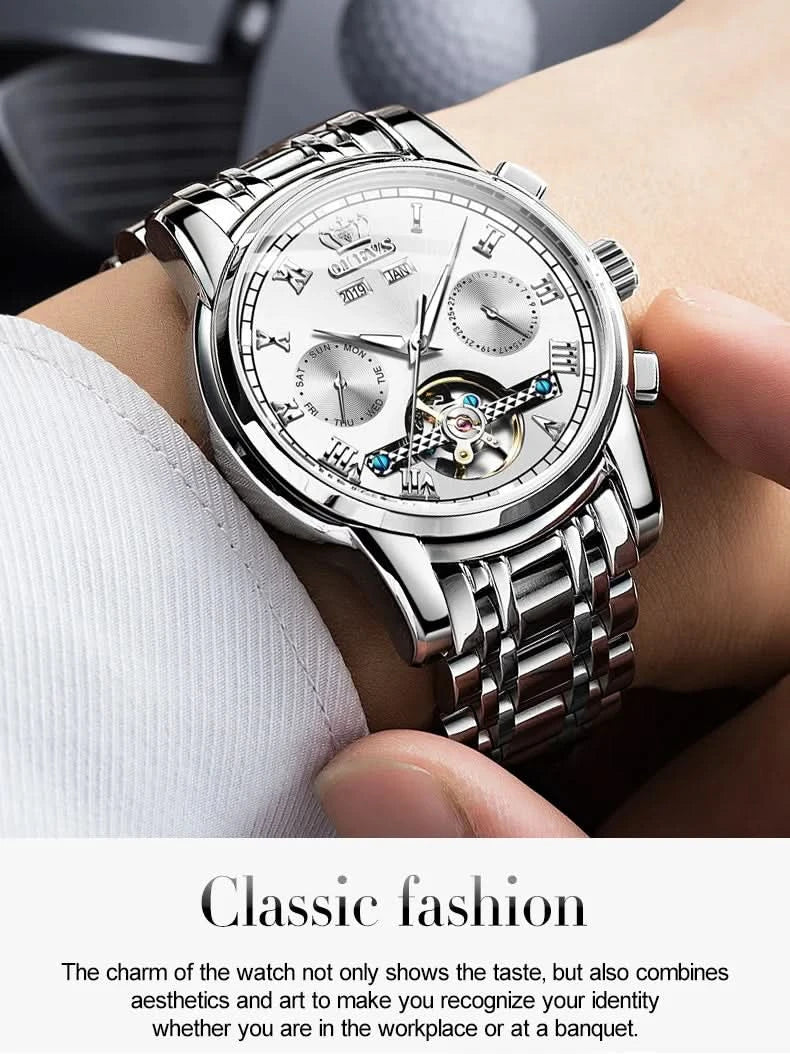 OLEVS Men's Watches Automatic Mechanical Business Wristwatch Waterproof Stainless Steel Strap Watch for Man Skeleton Calendar - M & M Global