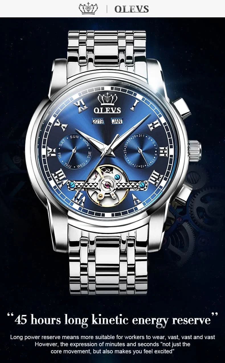 OLEVS Men's Watches Automatic Mechanical Business Wristwatch Waterproof Stainless Steel Strap Watch for Man Skeleton Calendar - M & M Global