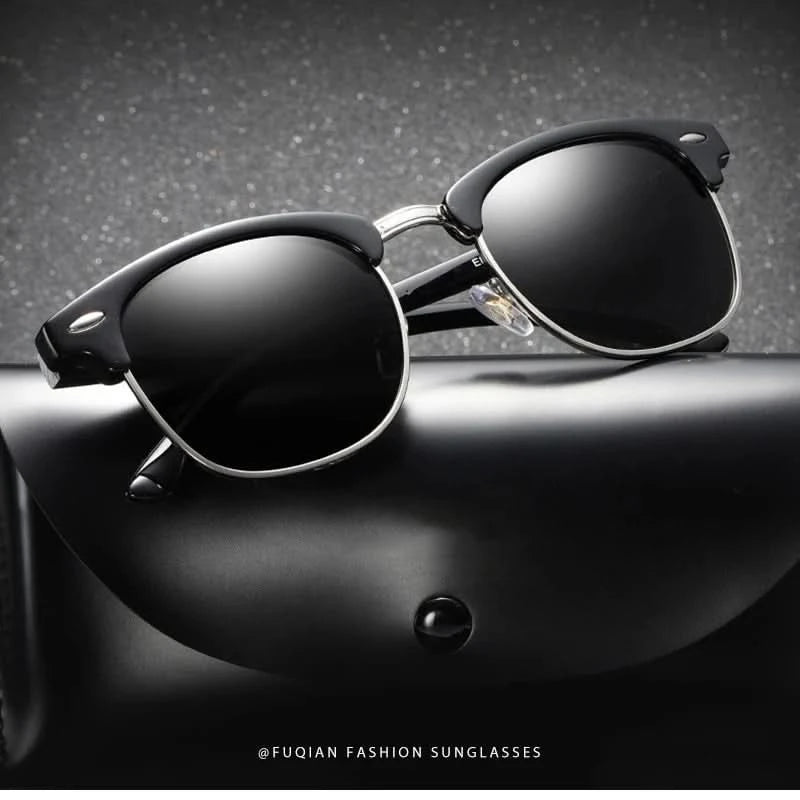 Classic Half Frame Polarized Sunglasses Men Women Retro Rivet Small Sun Glasses Male Popular Black Anti Glare Travelling Shades - M & M Global