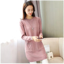 Solid Long Sweater Women Clothing 2025 New Korean Pocket Knit Sweater Dress Casual Warm Loose O neck Long sleeve Ladies Pullover