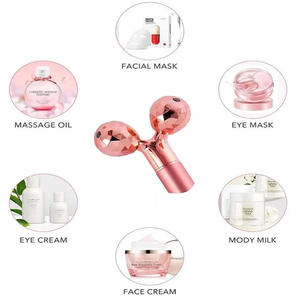 5-in-1 24K Gold Beauty Wand Face Massager Electric Vibrating Rose Quartz 3D Roller Face Lifting Body Facial Gua Sha Jade Roller - M & M Global