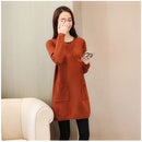 Solid Long Sweater Women Clothing 2025 New Korean Pocket Knit Sweater Dress Casual Warm Loose O neck Long sleeve Ladies Pullover