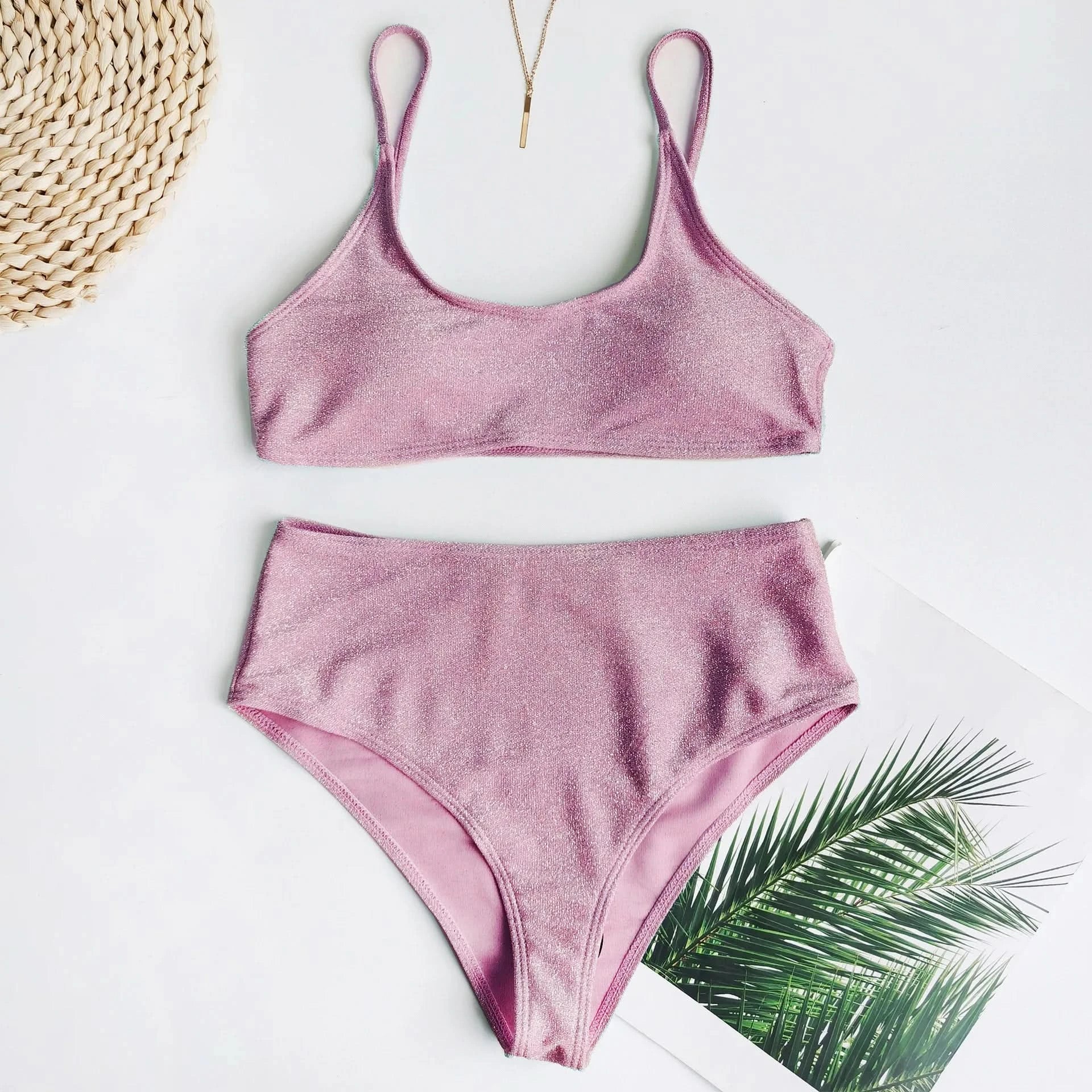 Sexy Sequin Bikini Shiny Solid Pink Push Up High Waist Bikini Set Female High Cut Bathing Suit Halter Top Swimwear Beachwear - M & M Global