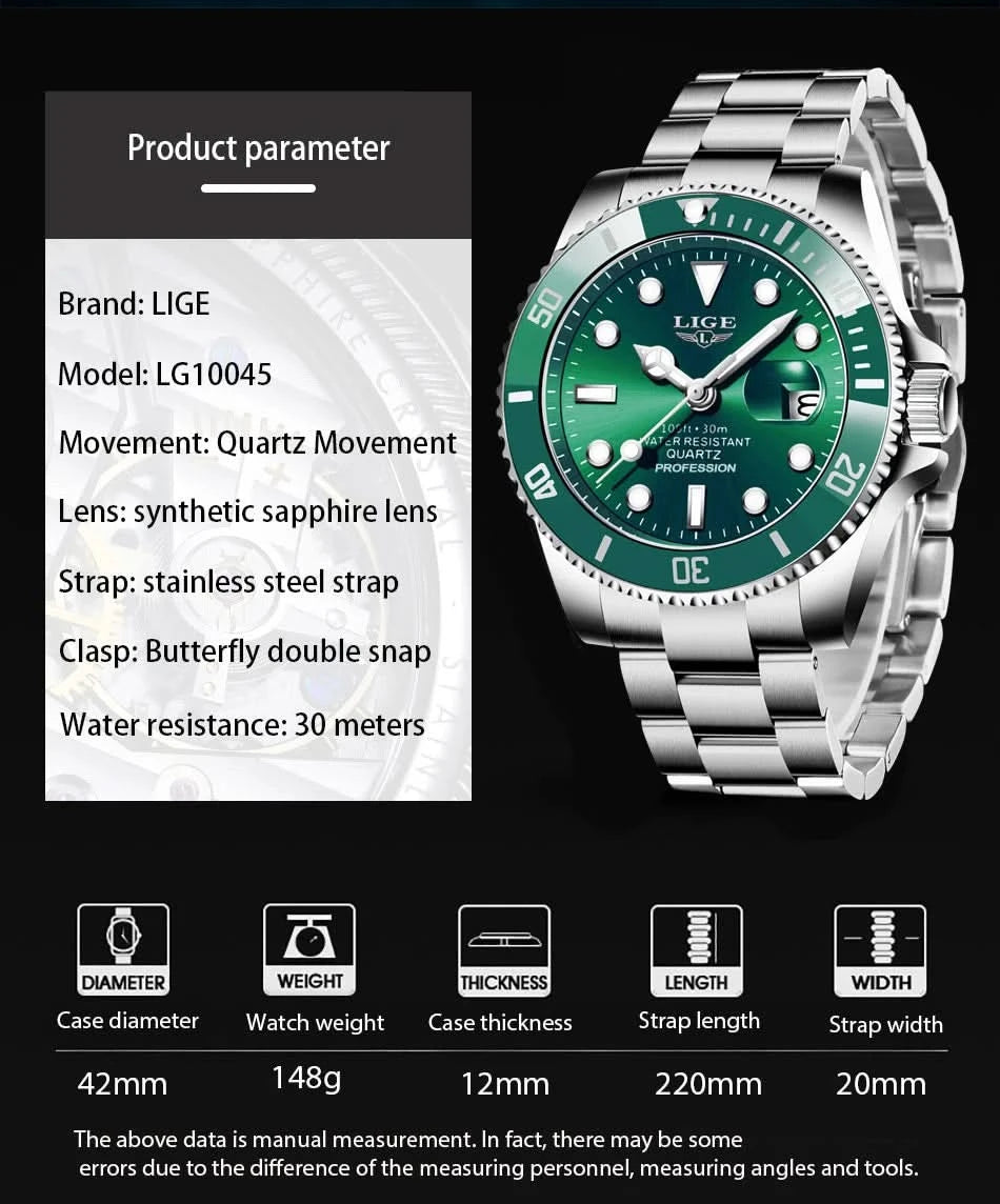 Reloj LIGE Top Brand Luxury Fashion Diver Watch Men Waterproof Date Clock Sport Watches Mens Quartz Wristwatch Relogio Masculino - M & M Global