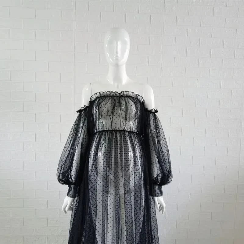 White Dot Tulle Maternity Photography Props Dress See Through Maternity Photo Shoot Tulle Long Dress Lantern Sleeve - M & M Global