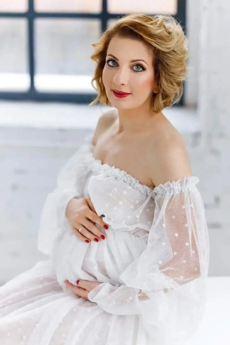 White Dot Tulle Maternity Photography Props Dress See Through Maternity Photo Shoot Tulle Long Dress Lantern Sleeve - M & M Global