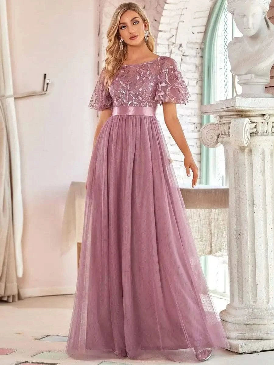 2023 New Women's Burgundy A-Line Sequin Mesh Leaf Maxi Prom Dress Sparkle Evening Dresses O-Neck Short Sleeve Long Dress - M & M Global