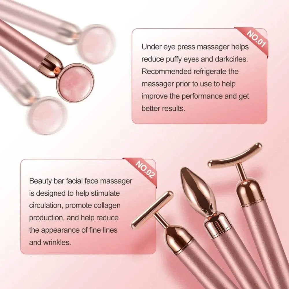5-in-1 24K Gold Beauty Wand Face Massager Electric Vibrating Rose Quartz 3D Roller Face Lifting Body Facial Gua Sha Jade Roller - M & M Global