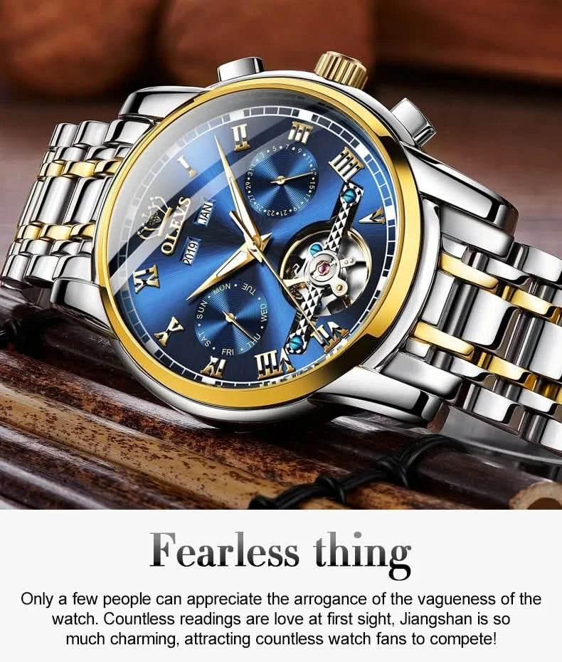 OLEVS Men's Watches Automatic Mechanical Business Wristwatch Waterproof Stainless Steel Strap Watch for Man Skeleton Calendar - M & M Global