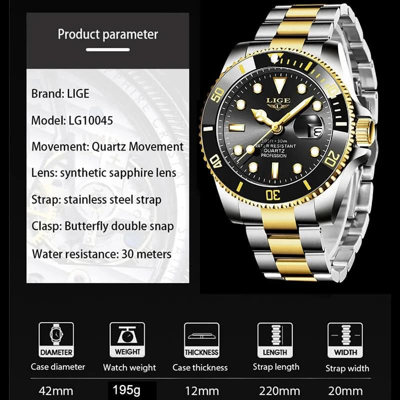 Reloj LIGE Top Brand Luxury Fashion Diver Watch Men Waterproof Date Clock Sport Watches Mens Quartz Wristwatch Relogio Masculino - M & M Global