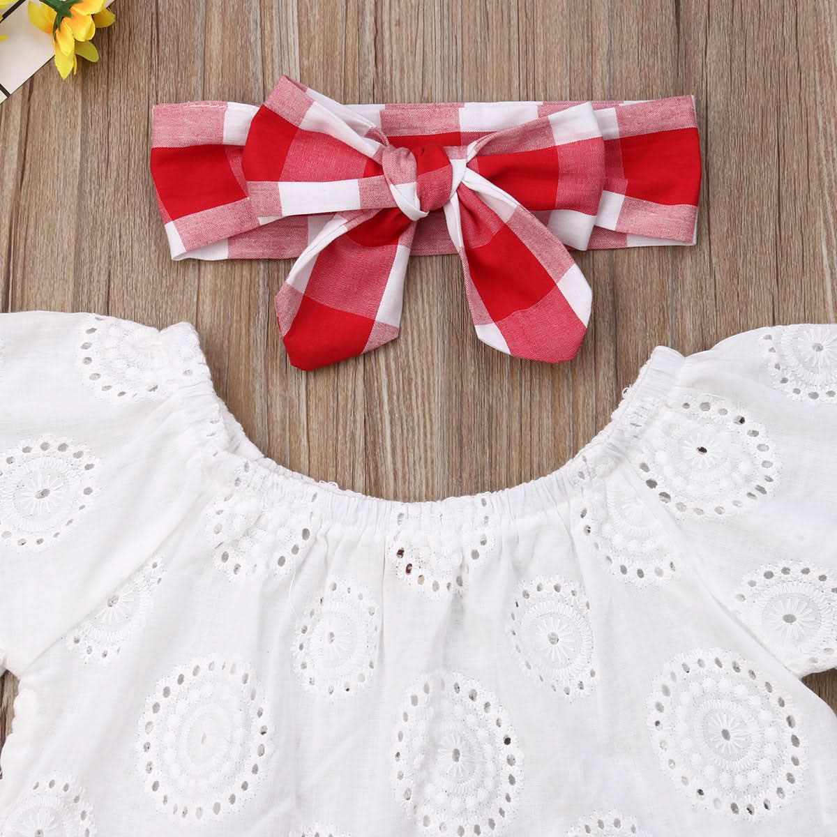 Lioraitiin 3Pcs Set 0-24M Newborn Baby Girl Clothes Cute Summer Off Shoulder Lace Tops+ Red Plaid Short Dress Headband Outfit - M & M Global