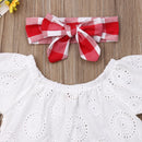 Lioraitiin 3Pcs Set 0-24M Newborn Baby Girl Clothes Cute Summer Off Shoulder Lace Tops+ Red Plaid Short Dress Headband Outfit - M & M Global