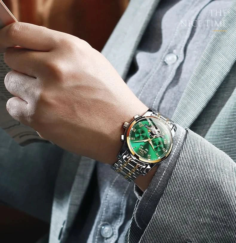 OLEVS Men's Watches Automatic Mechanical Business Wristwatch Waterproof Stainless Steel Strap Watch for Man Skeleton Calendar - M & M Global