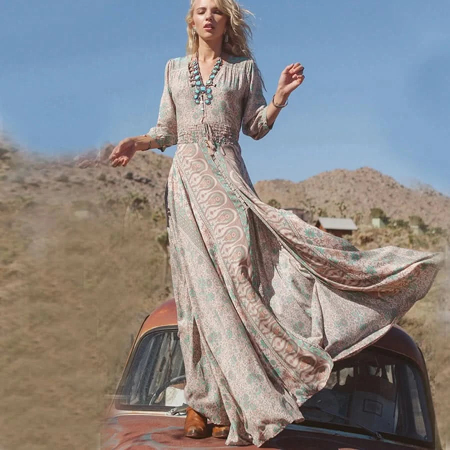 TEELYNN boho long dress Vintage 2023 floral print Chiffon three quarter sleeve v-neck summer Gypsy Hippie women dresses vestidos - M & M Global