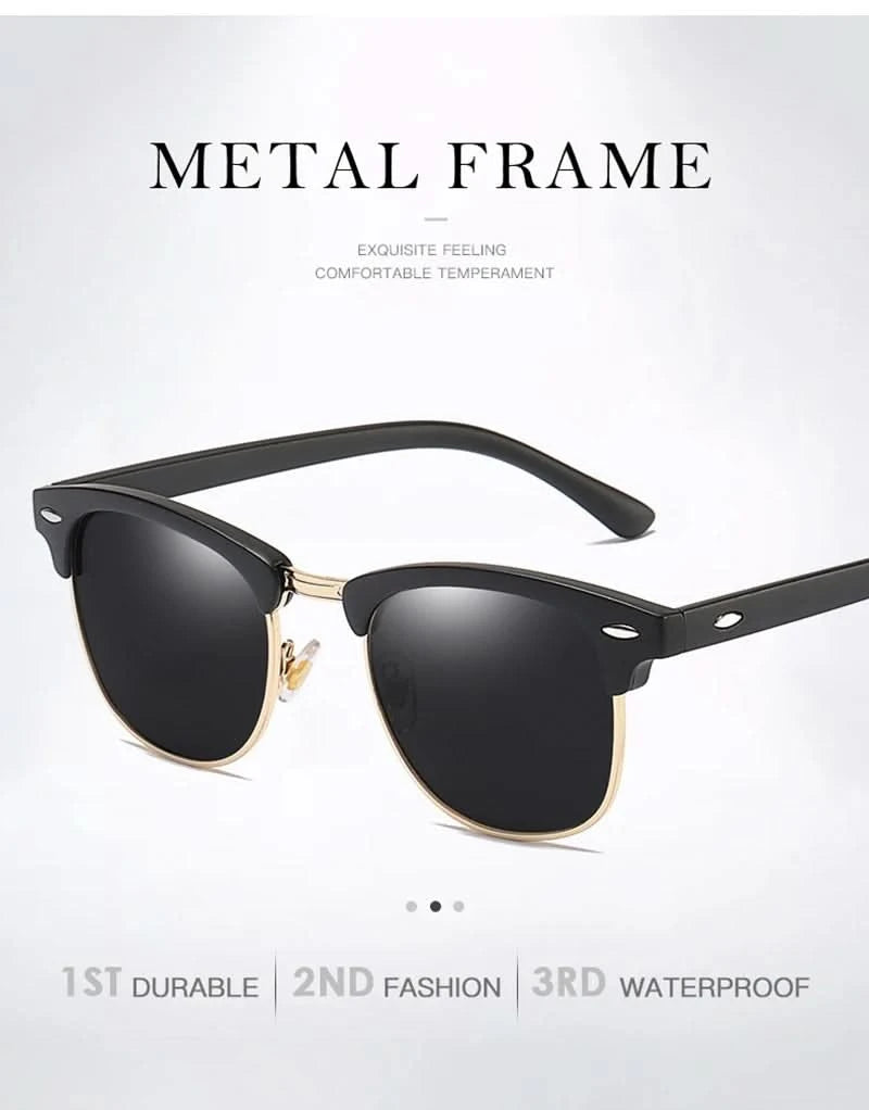 Classic Half Frame Polarized Sunglasses Men Women Retro Rivet Small Sun Glasses Male Popular Black Anti Glare Travelling Shades - M & M Global