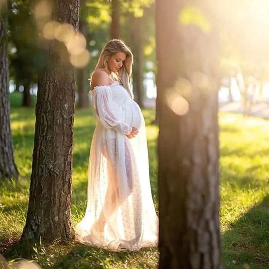White Dot Tulle Maternity Photography Props Dress See Through Maternity Photo Shoot Tulle Long Dress Lantern Sleeve - M & M Global