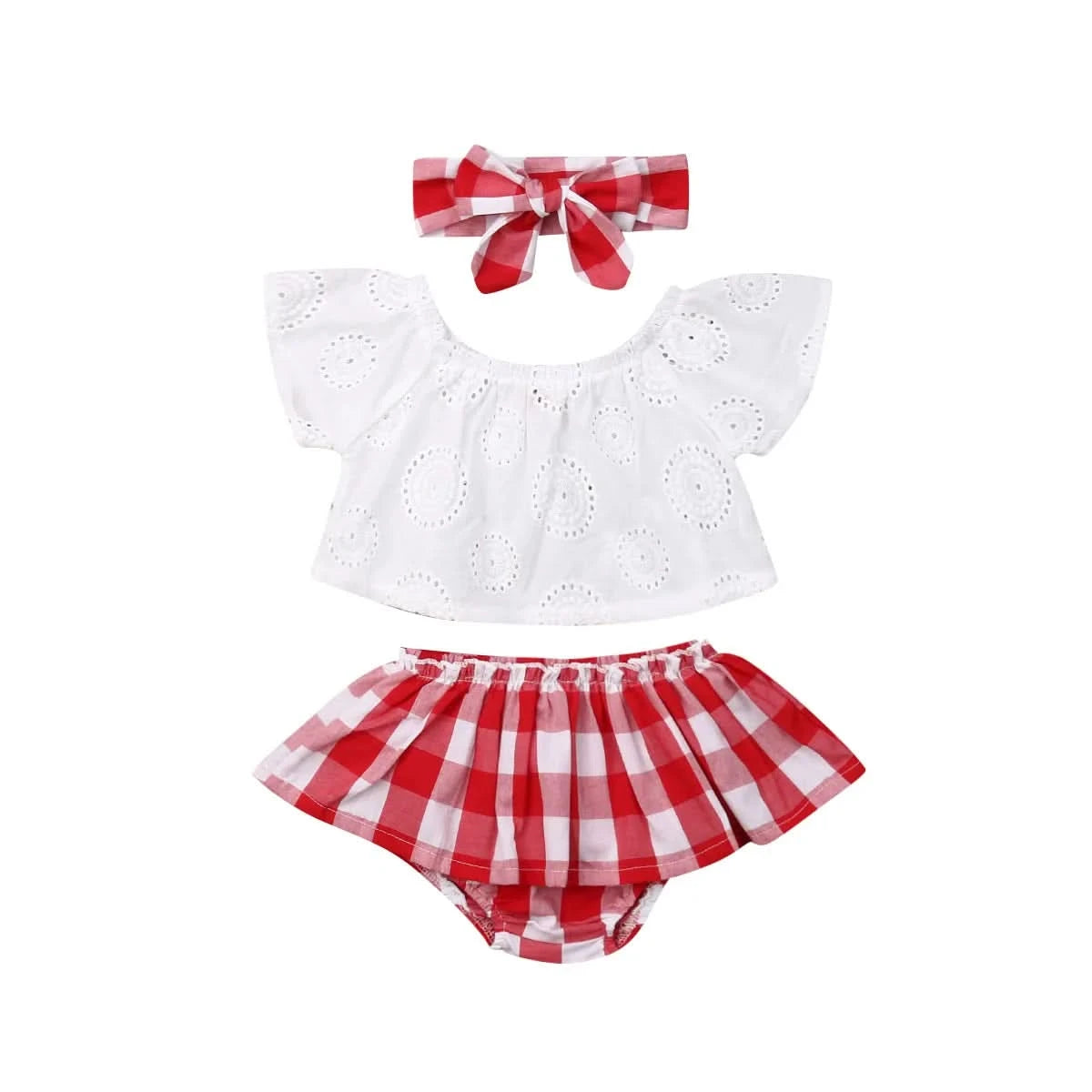 Lioraitiin 3Pcs Set 0-24M Newborn Baby Girl Clothes Cute Summer Off Shoulder Lace Tops+ Red Plaid Short Dress Headband Outfit - M & M Global
