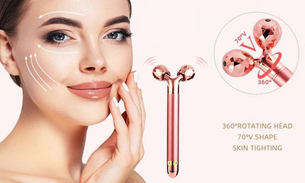 5-in-1 24K Gold Beauty Wand Face Massager Electric Vibrating Rose Quartz 3D Roller Face Lifting Body Facial Gua Sha Jade Roller - M & M Global