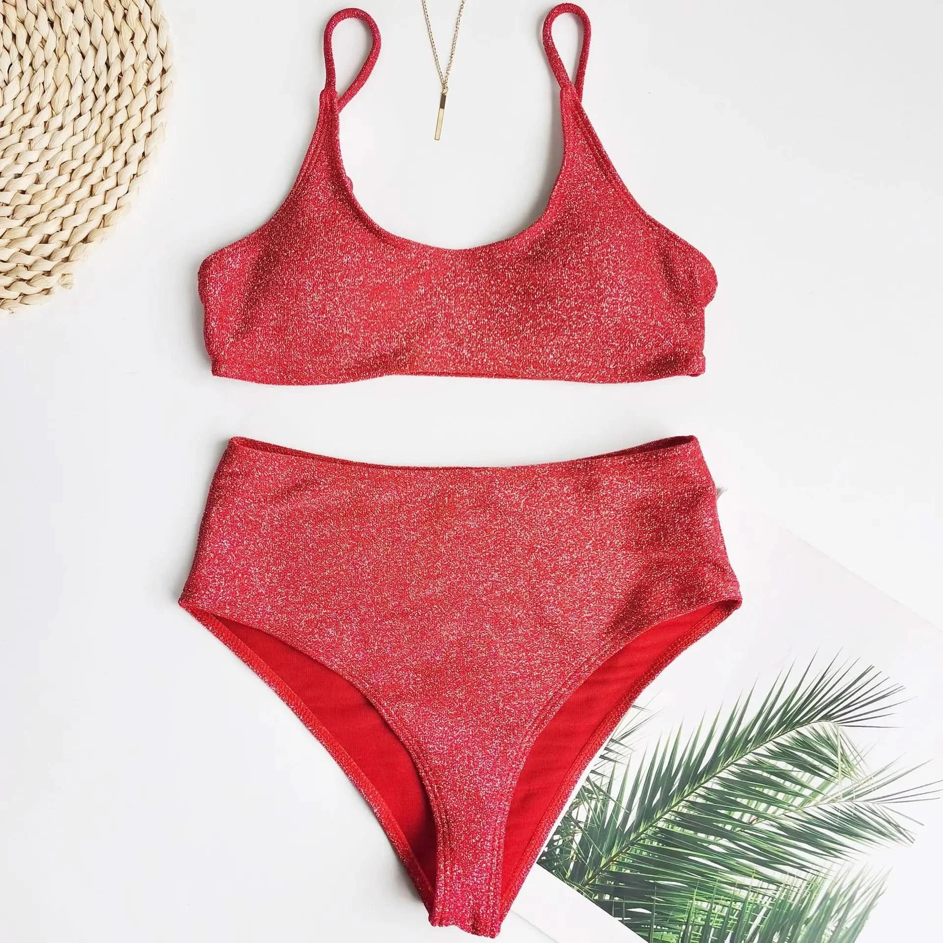 Sexy Sequin Bikini Shiny Solid Pink Push Up High Waist Bikini Set Female High Cut Bathing Suit Halter Top Swimwear Beachwear - M & M Global