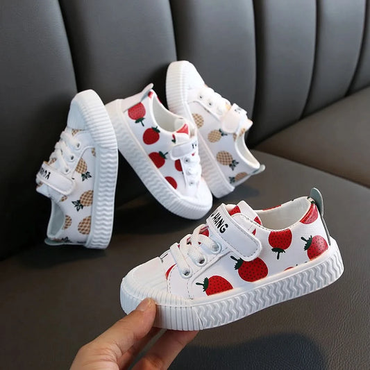 Hot sale pineapple strawberry spring and autumn new soft bottom girls children students casual non-slip PU leather sports shoes - M & M Global
